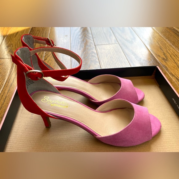 Seychelles Hazel Fuchsia and Red Suede Leather Ankle Strap Heels - Picture 7 of 12